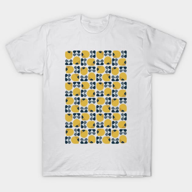 Retro Geometric Floral Pattern Navy, Grey, Mustard Yellow T-Shirt by tramasdesign